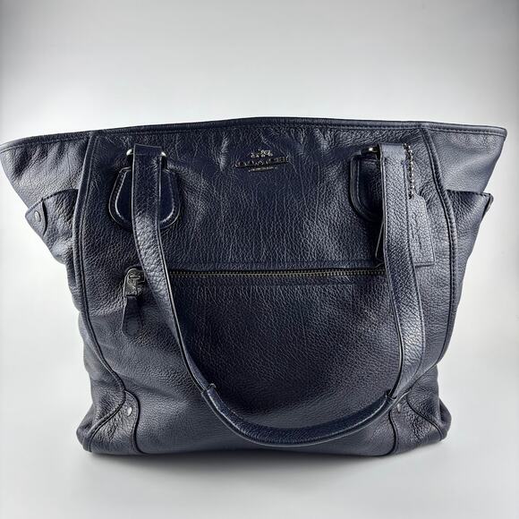 Coach Mickie Tote Bag Pebbled Leather Dark Blue F34039 - Picture 1 of 16